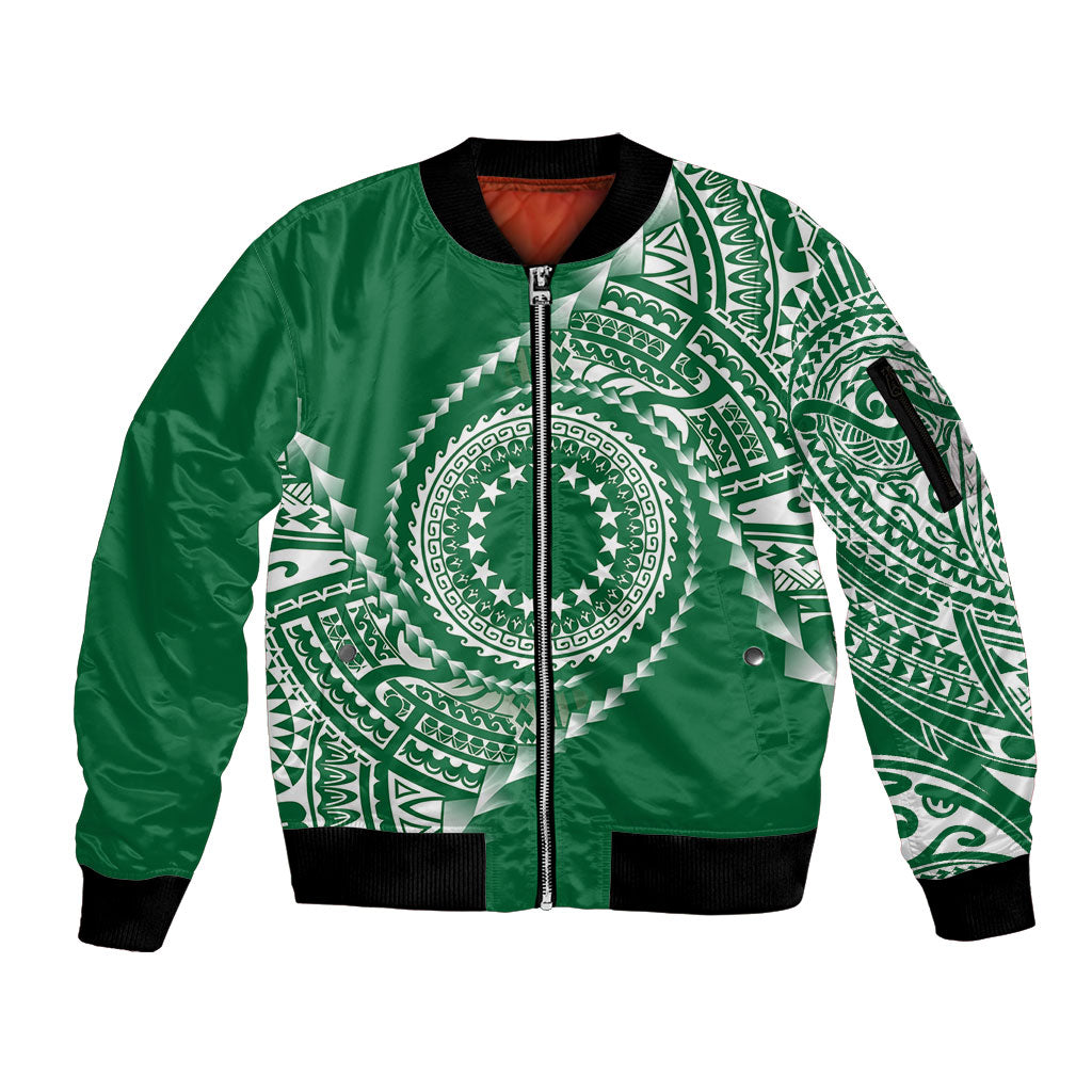 Cook Islands Gospel Day Sleeve Zip Bomber Jacket Green Tribal Curves