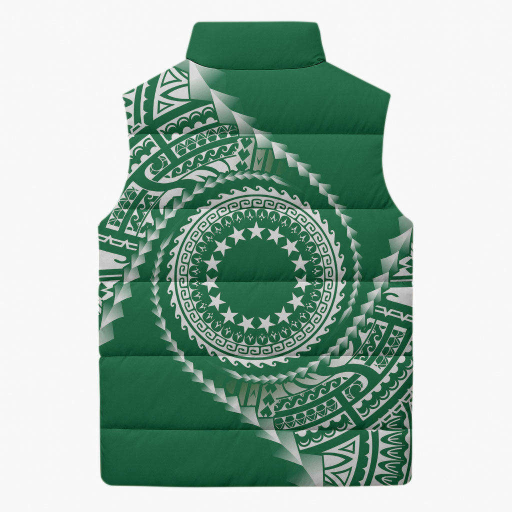 Cook Islands Gospel Day Sleeveless Puffer Jacket Green Tribal Curves