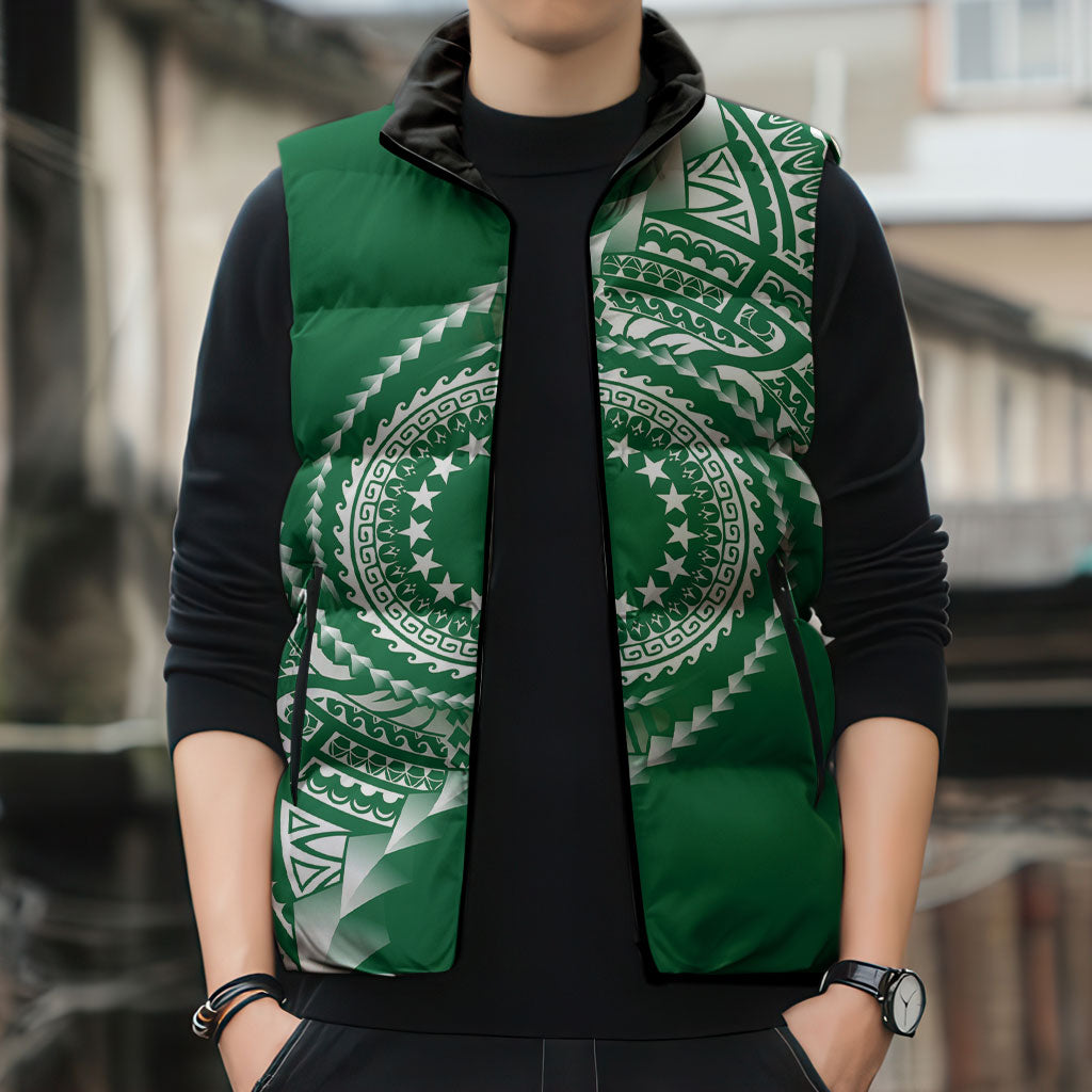 Cook Islands Gospel Day Sleeveless Puffer Jacket Green Tribal Curves