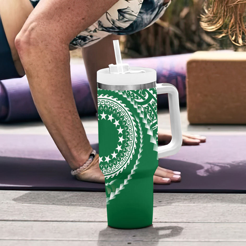 Cook Islands Gospel Day Tumbler With Handle Green Tribal Curves