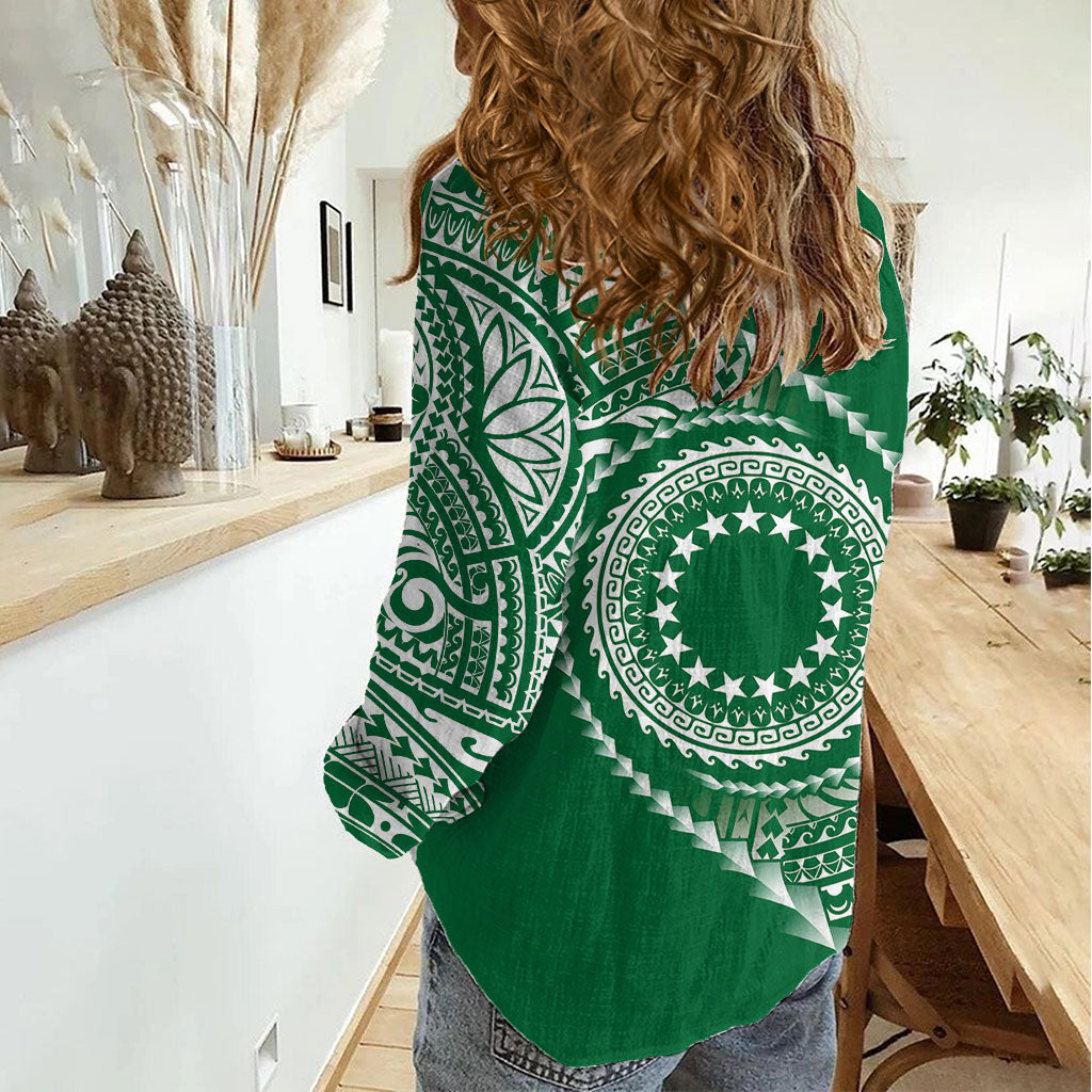 Cook Islands Gospel Day Women Casual Shirt Green Tribal Curves