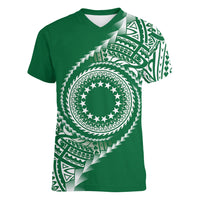 Cook Islands Gospel Day Women V-Neck T-Shirt Green Tribal Curves