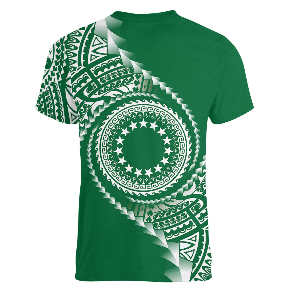 Cook Islands Gospel Day Women V-Neck T-Shirt Green Tribal Curves