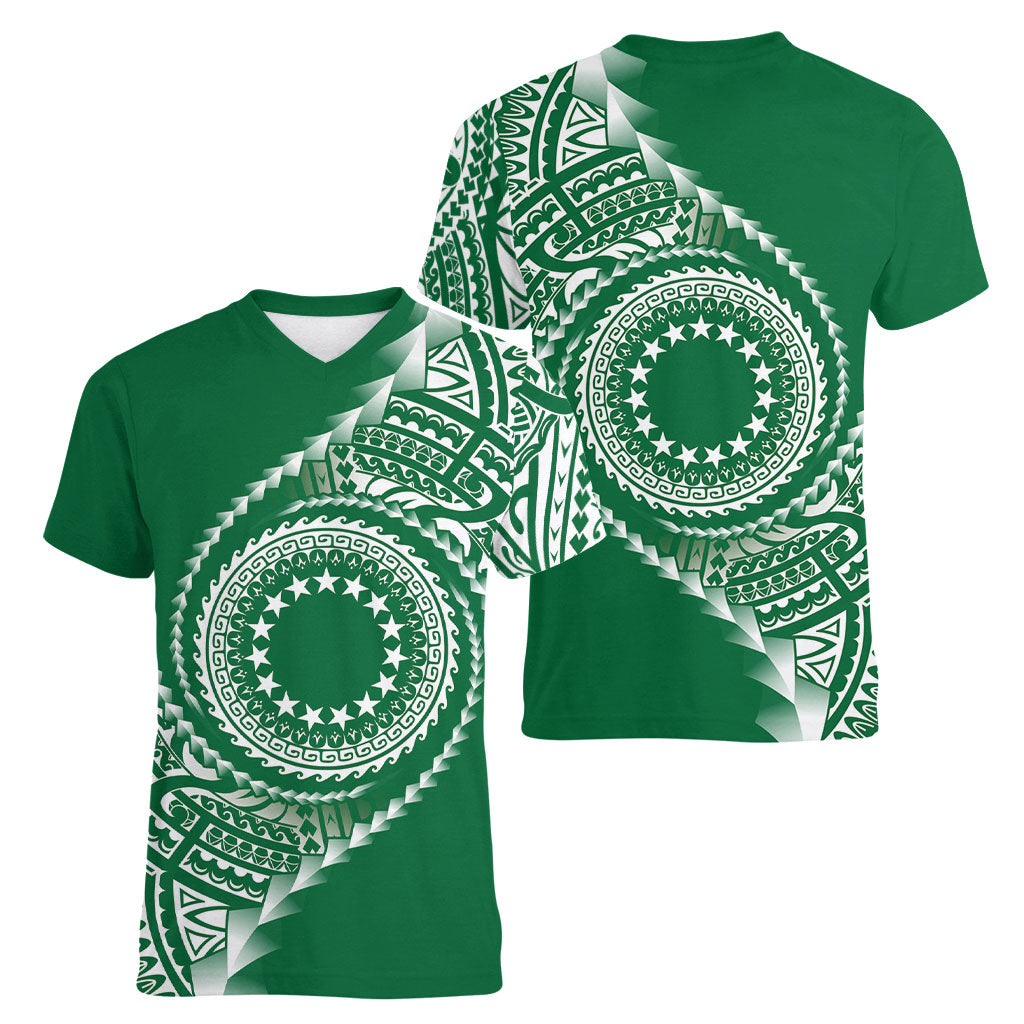 Cook Islands Gospel Day Women V-Neck T-Shirt Green Tribal Curves