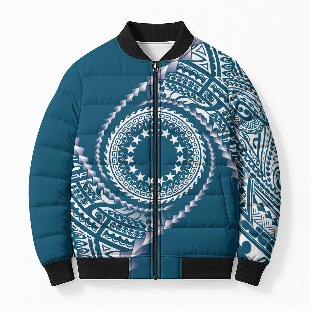 Cook Islands Gospel Day Bomber Puffer Jacket Blue Tribal Curves