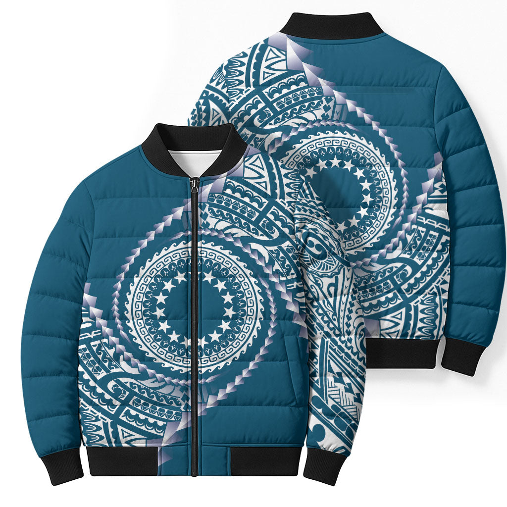 Cook Islands Gospel Day Bomber Puffer Jacket Blue Tribal Curves