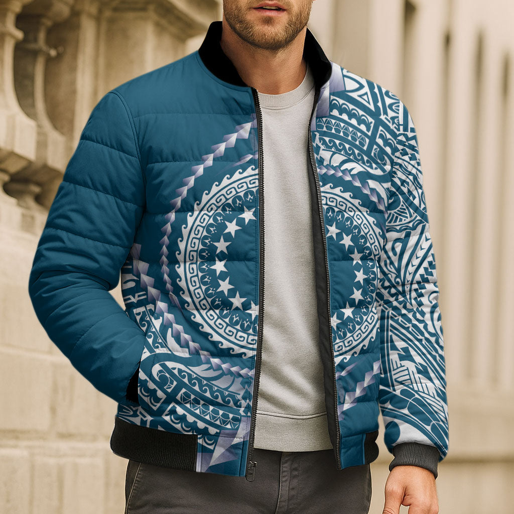 Cook Islands Gospel Day Bomber Puffer Jacket Blue Tribal Curves