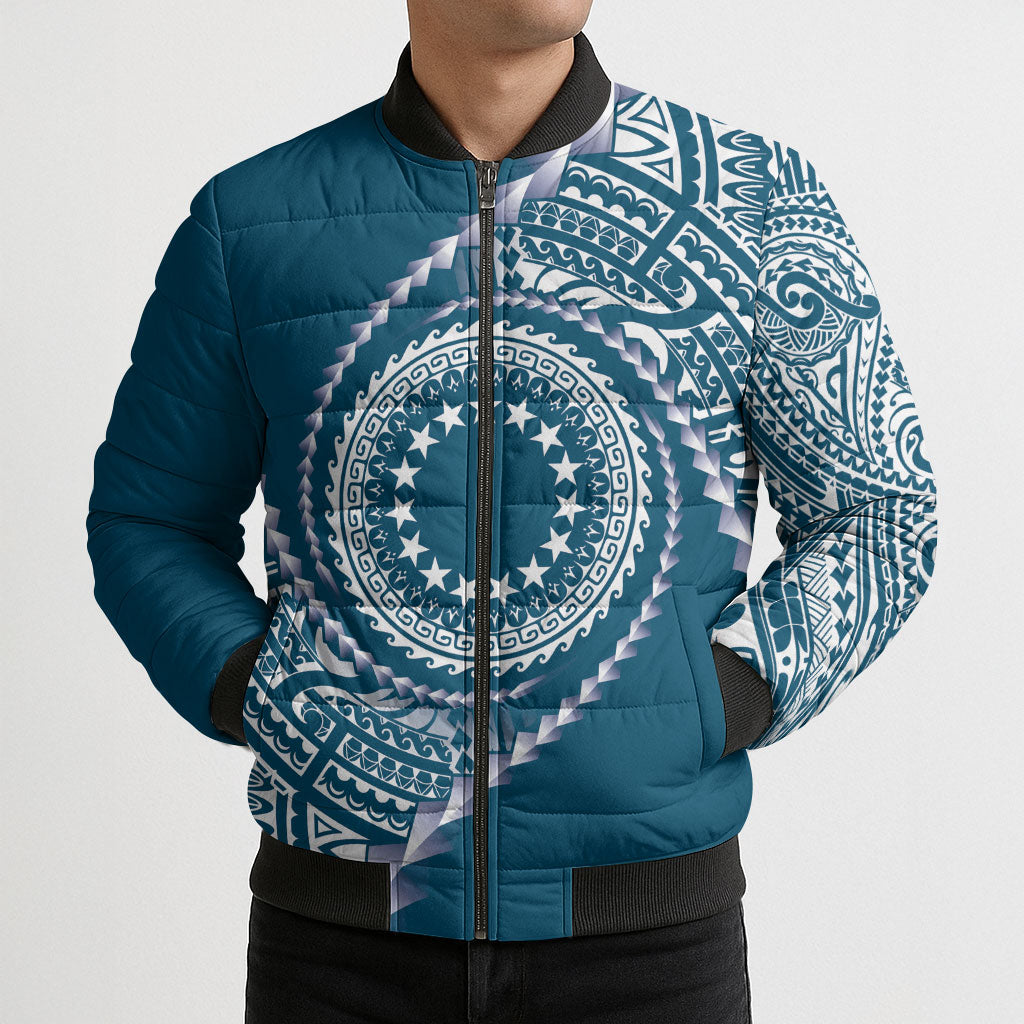 Cook Islands Gospel Day Bomber Puffer Jacket Blue Tribal Curves