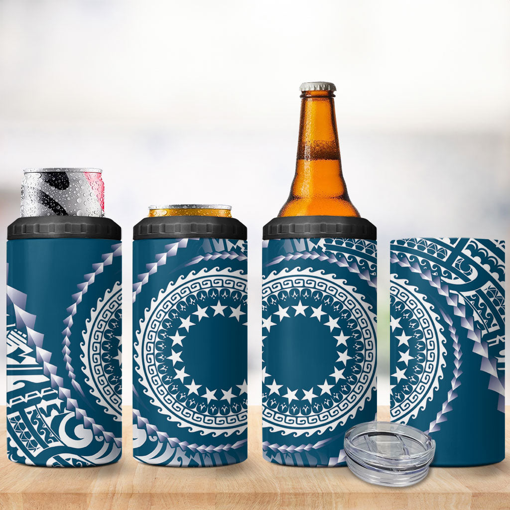 Cook Islands Gospel Day 4 in 1 Can Cooler Tumbler Blue Tribal Curves
