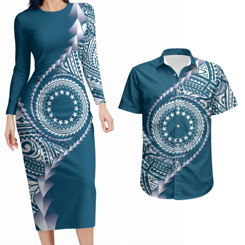 Cook Islands Gospel Day Couples Matching Long Sleeve Bodycon Dress and Hawaiian Shirt Blue Tribal Curves
