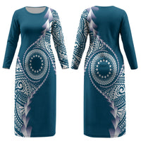 Cook Islands Gospel Day Couples Matching Long Sleeve Bodycon Dress and Hawaiian Shirt Blue Tribal Curves