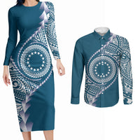 Cook Islands Gospel Day Couples Matching Long Sleeve Bodycon Dress and Long Sleeve Button Shirt Blue Tribal Curves