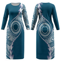 Cook Islands Gospel Day Couples Matching Long Sleeve Bodycon Dress and Long Sleeve Button Shirt Blue Tribal Curves