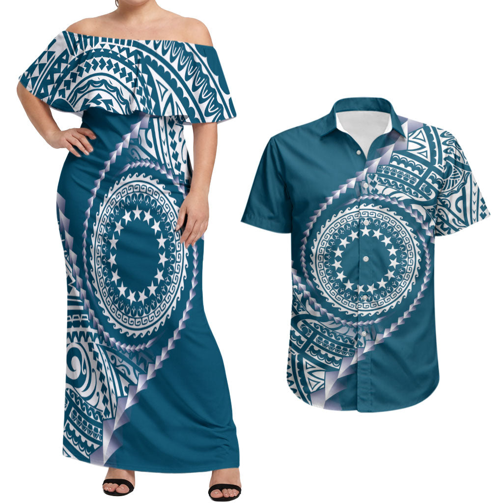 Cook Islands Gospel Day Couples Matching Off Shoulder Maxi Dress and Hawaiian Shirt Blue Tribal Curves