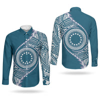 Cook Islands Gospel Day Couples Matching Off Shoulder Maxi Dress and Long Sleeve Button Shirt Blue Tribal Curves