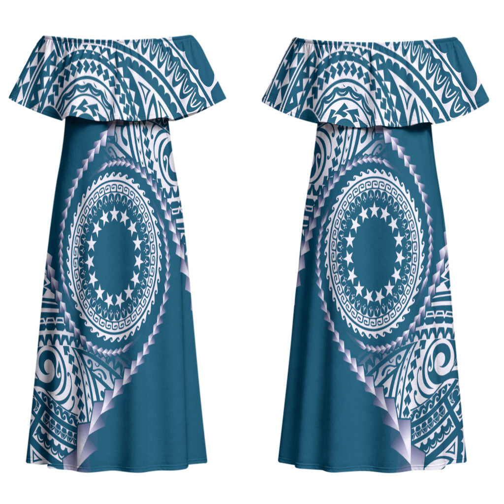 Cook Islands Gospel Day Couples Matching Off Shoulder Maxi Dress and Long Sleeve Button Shirt Blue Tribal Curves