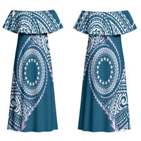 Cook Islands Gospel Day Couples Matching Off Shoulder Maxi Dress and Long Sleeve Button Shirt Blue Tribal Curves