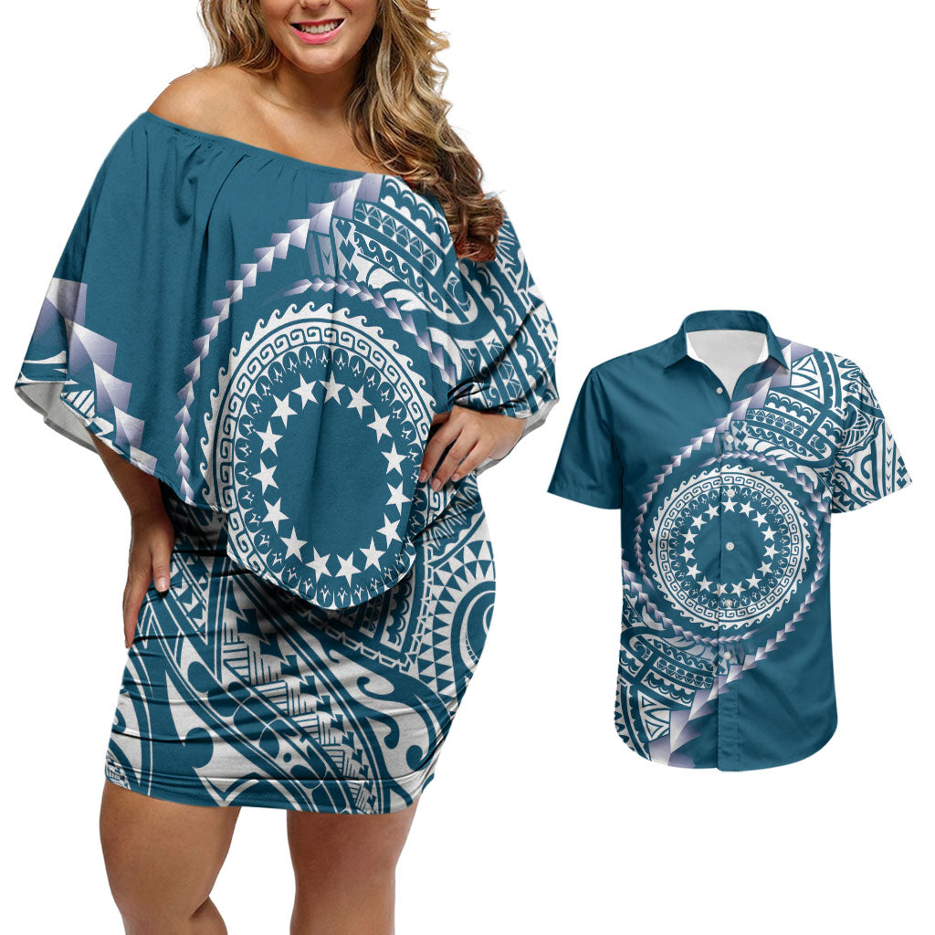 Cook Islands Gospel Day Couples Matching Off Shoulder Short Dress and Hawaiian Shirt Blue Tribal Curves