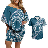 Cook Islands Gospel Day Couples Matching Off Shoulder Short Dress and Hawaiian Shirt Blue Tribal Curves