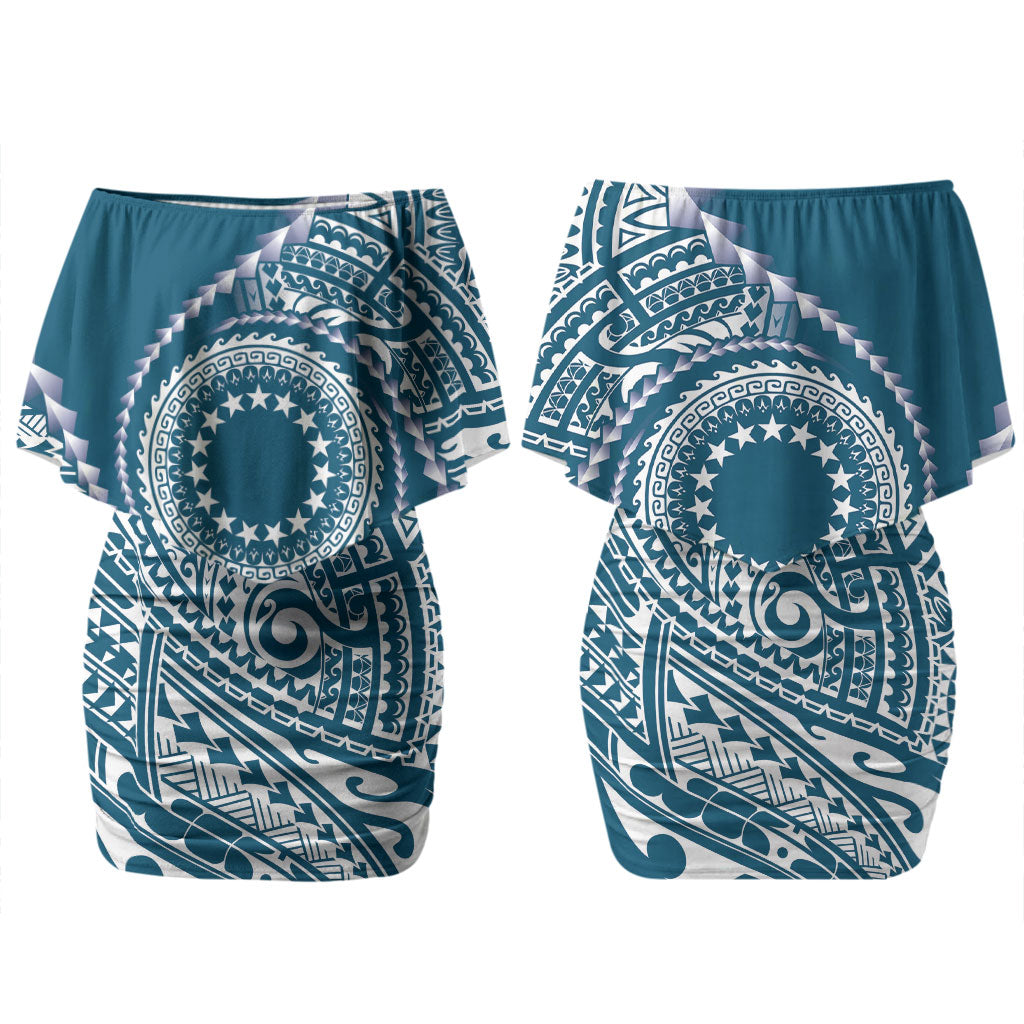 Cook Islands Gospel Day Couples Matching Off Shoulder Short Dress and Hawaiian Shirt Blue Tribal Curves