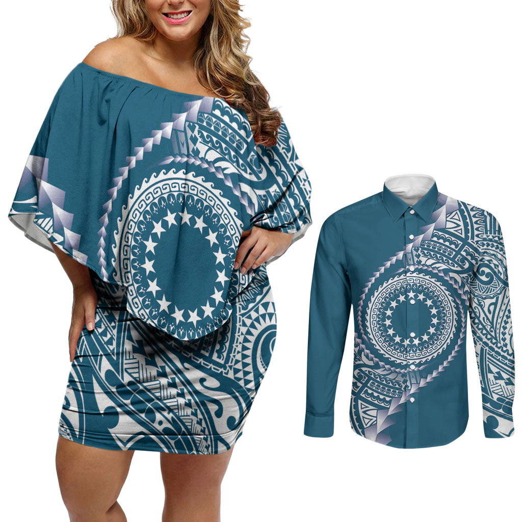 Cook Islands Gospel Day Couples Matching Off Shoulder Short Dress and Long Sleeve Button Shirt Blue Tribal Curves