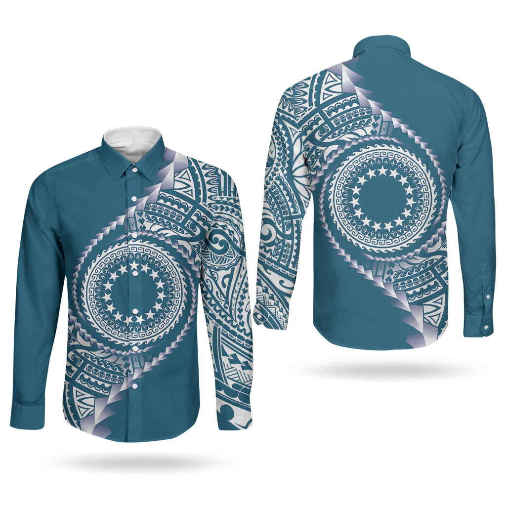 Cook Islands Gospel Day Couples Matching Off Shoulder Short Dress and Long Sleeve Button Shirt Blue Tribal Curves