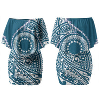 Cook Islands Gospel Day Couples Matching Off Shoulder Short Dress and Long Sleeve Button Shirt Blue Tribal Curves