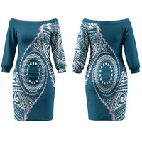 Cook Islands Gospel Day Couples Matching Off The Shoulder Long Sleeve Dress and Hawaiian Shirt Blue Tribal Curves