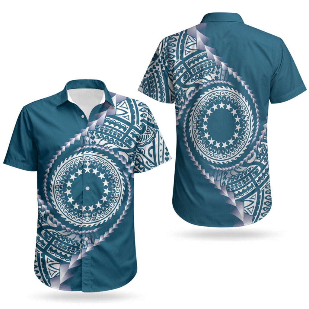 Cook Islands Gospel Day Couples Matching Puletasi and Hawaiian Shirt Blue Tribal Curves