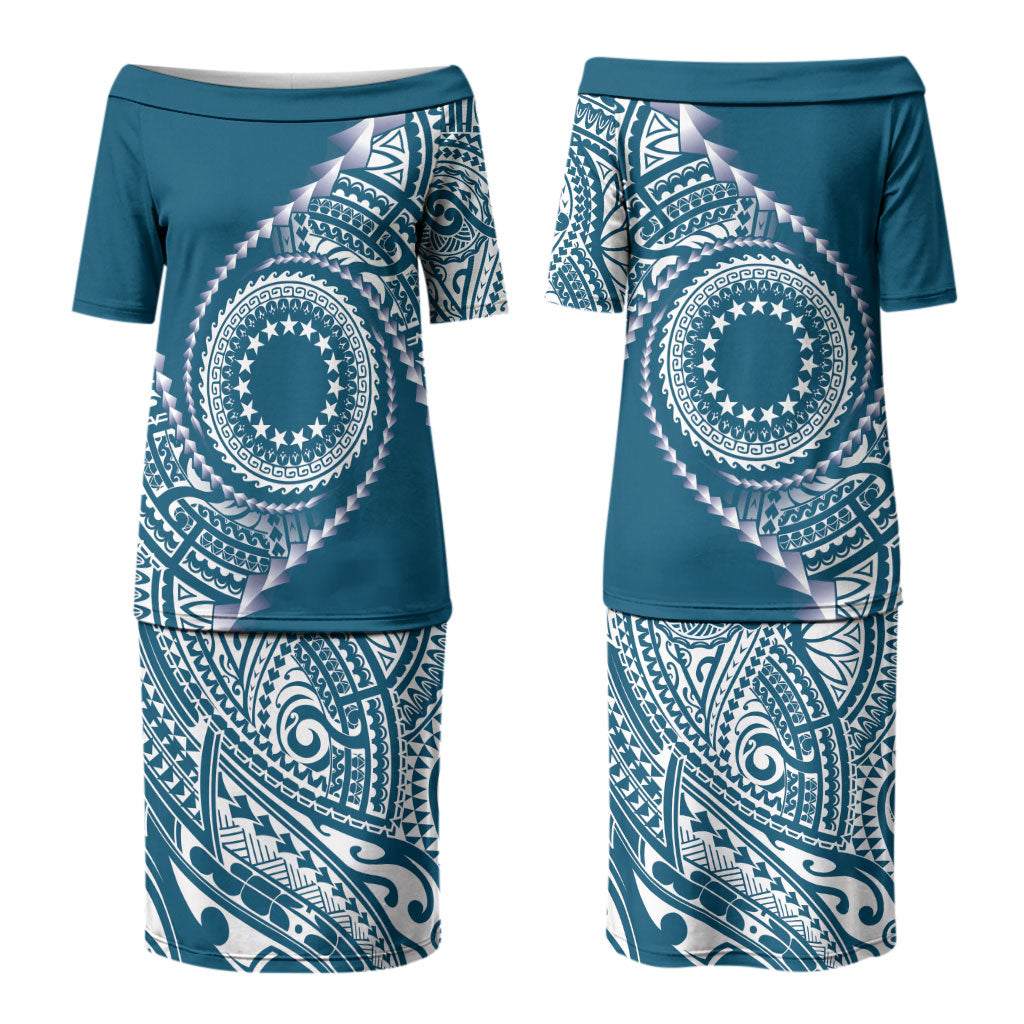 Cook Islands Gospel Day Couples Matching Puletasi and Hawaiian Shirt Blue Tribal Curves