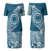 Cook Islands Gospel Day Couples Matching Puletasi and Long Sleeve Button Shirt Blue Tribal Curves