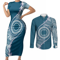 Cook Islands Gospel Day Couples Matching Short Sleeve Bodycon Dress and Long Sleeve Button Shirt Blue Tribal Curves