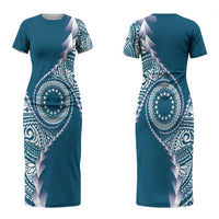 Cook Islands Gospel Day Couples Matching Short Sleeve Bodycon Dress and Long Sleeve Button Shirt Blue Tribal Curves