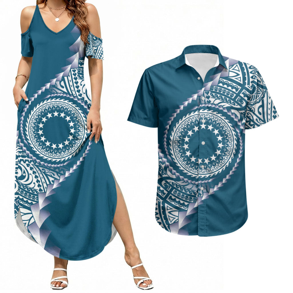 Cook Islands Gospel Day Couples Matching Summer Maxi Dress and Hawaiian Shirt Blue Tribal Curves