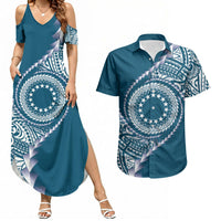 Cook Islands Gospel Day Couples Matching Summer Maxi Dress and Hawaiian Shirt Blue Tribal Curves