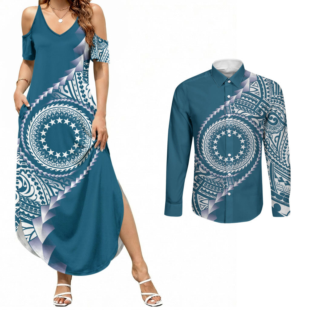 Cook Islands Gospel Day Couples Matching Summer Maxi Dress and Long Sleeve Button Shirt Blue Tribal Curves
