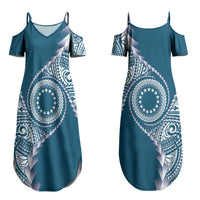 Cook Islands Gospel Day Couples Matching Summer Maxi Dress and Long Sleeve Button Shirt Blue Tribal Curves