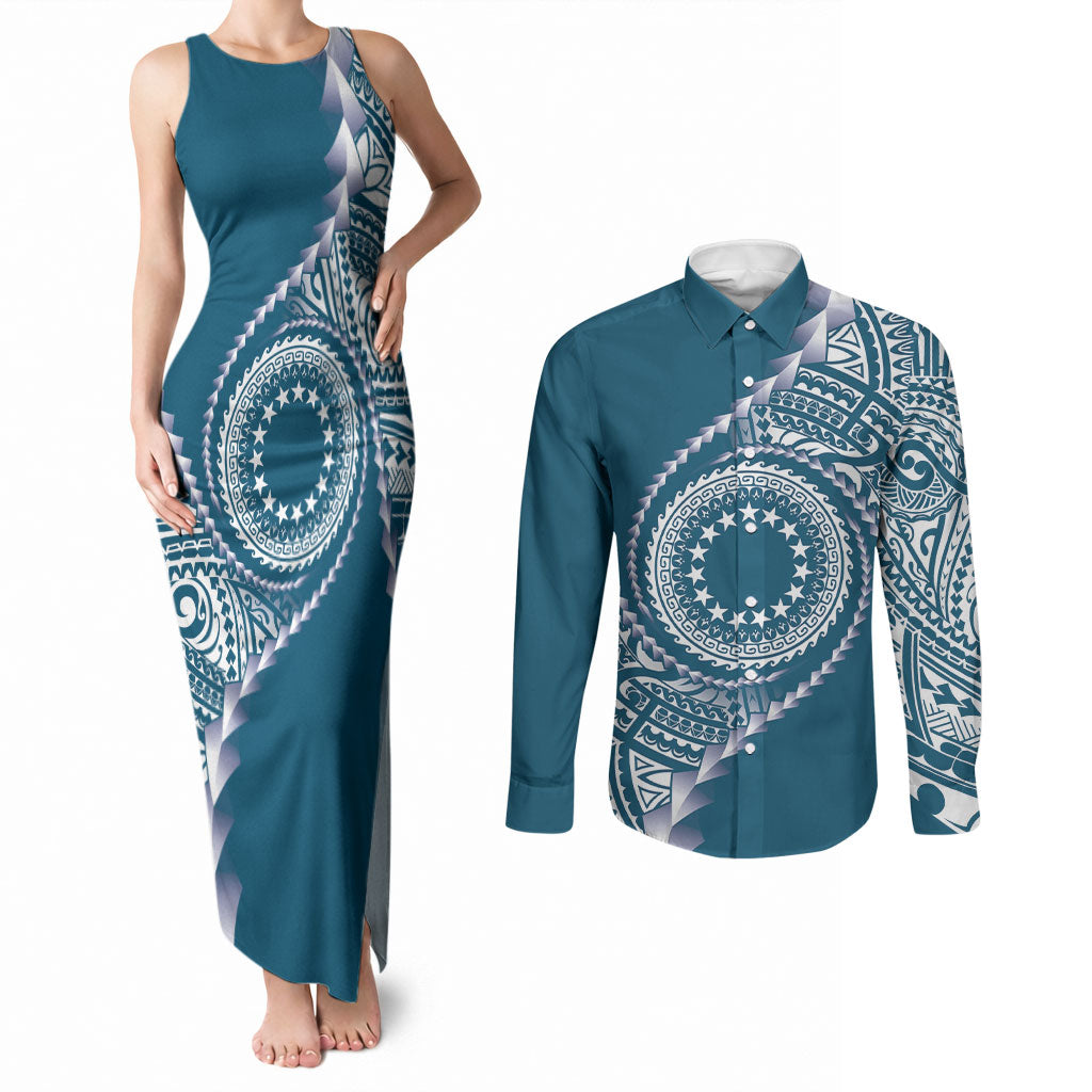 Cook Islands Gospel Day Couples Matching Tank Maxi Dress and Long Sleeve Button Shirt Blue Tribal Curves