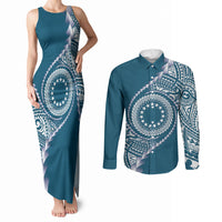 Cook Islands Gospel Day Couples Matching Tank Maxi Dress and Long Sleeve Button Shirt Blue Tribal Curves