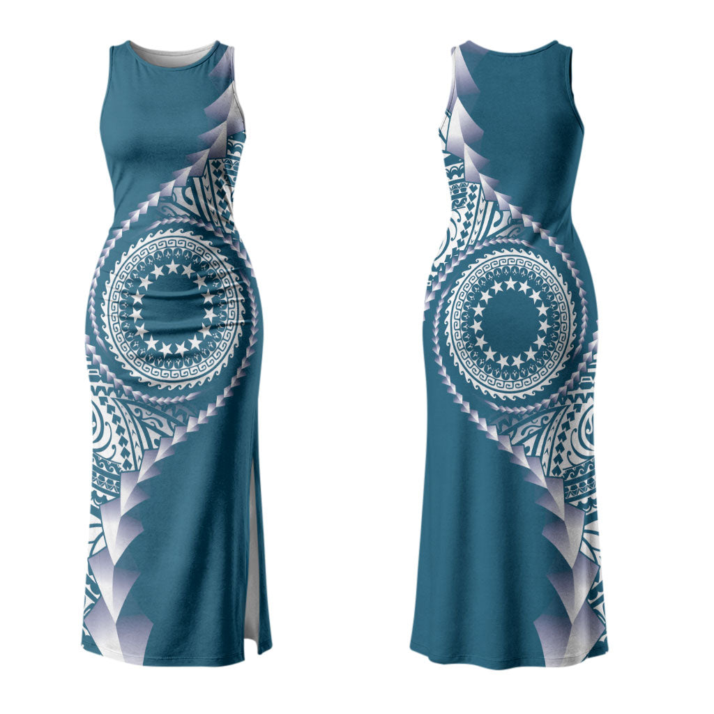 Cook Islands Gospel Day Couples Matching Tank Maxi Dress and Long Sleeve Button Shirt Blue Tribal Curves