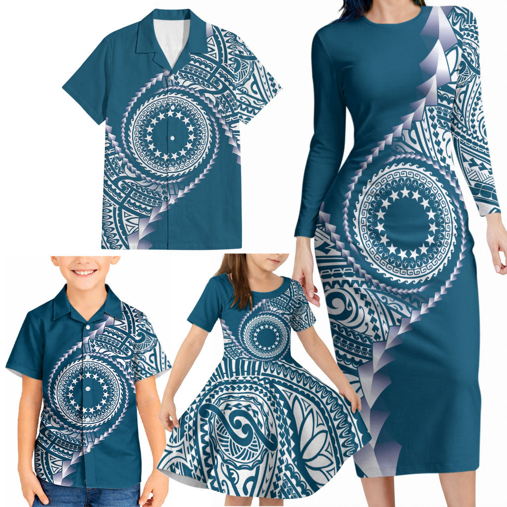 Cook Islands Gospel Day Family Matching Long Sleeve Bodycon Dress and Hawaiian Shirt Blue Tribal Curves
