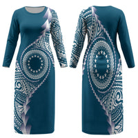 Cook Islands Gospel Day Family Matching Long Sleeve Bodycon Dress and Hawaiian Shirt Blue Tribal Curves