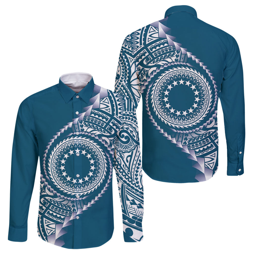 Cook Islands Gospel Day Family Matching Long Sleeve Bodycon Dress and Hawaiian Shirt Blue Tribal Curves