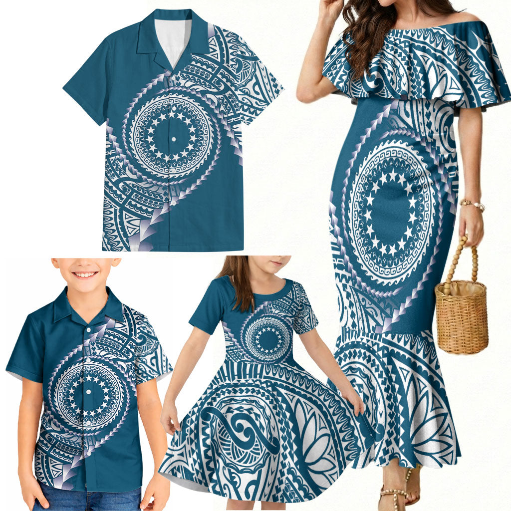 Cook Islands Gospel Day Family Matching Mermaid Dress and Hawaiian Shirt Blue Tribal Curves