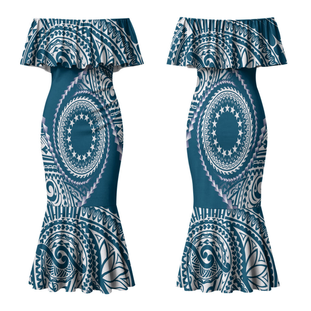 Cook Islands Gospel Day Family Matching Mermaid Dress and Hawaiian Shirt Blue Tribal Curves