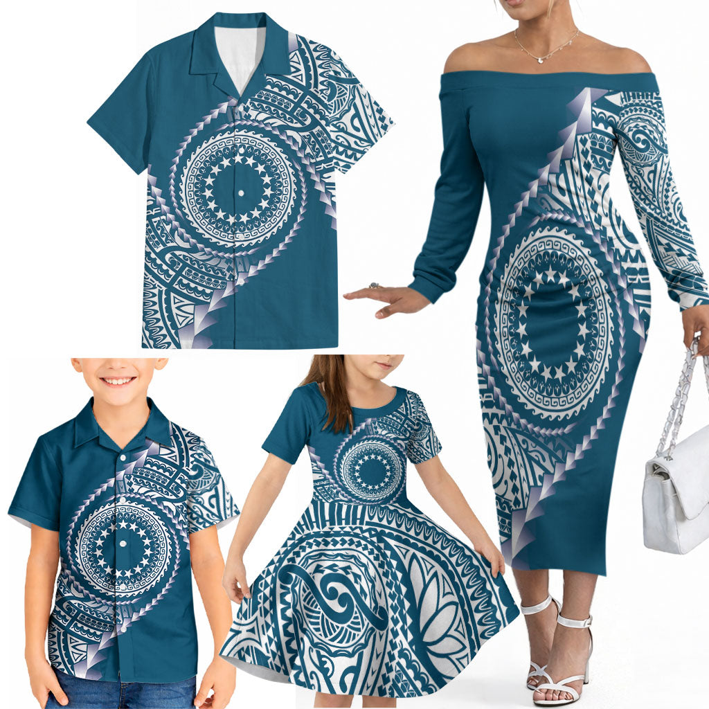 Cook Islands Gospel Day Family Matching Off The Shoulder Long Sleeve Dress and Hawaiian Shirt Blue Tribal Curves