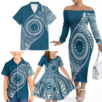 Cook Islands Gospel Day Family Matching Off The Shoulder Long Sleeve Dress and Hawaiian Shirt Blue Tribal Curves