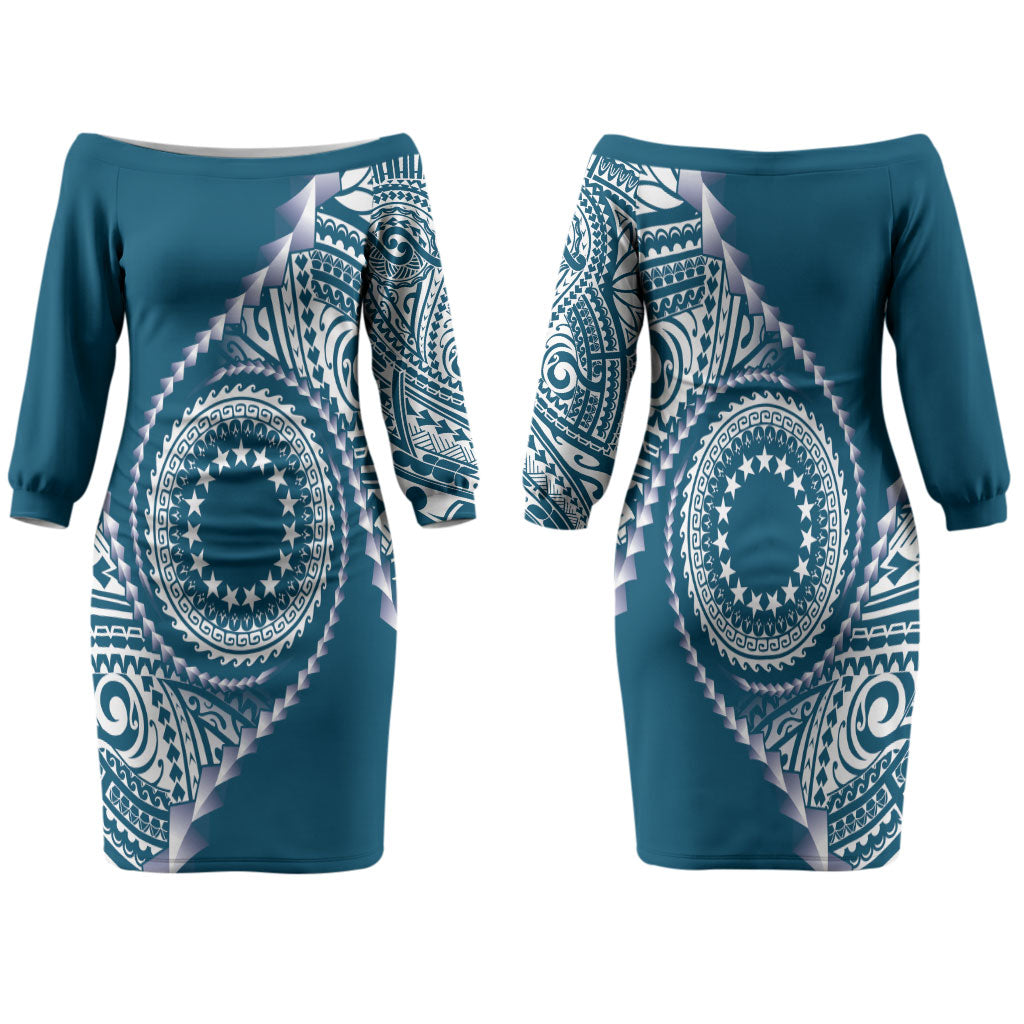 Cook Islands Gospel Day Family Matching Off The Shoulder Long Sleeve Dress and Hawaiian Shirt Blue Tribal Curves