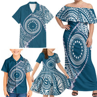 Cook Islands Gospel Day Family Matching Off Shoulder Maxi Dress and Hawaiian Shirt Blue Tribal Curves