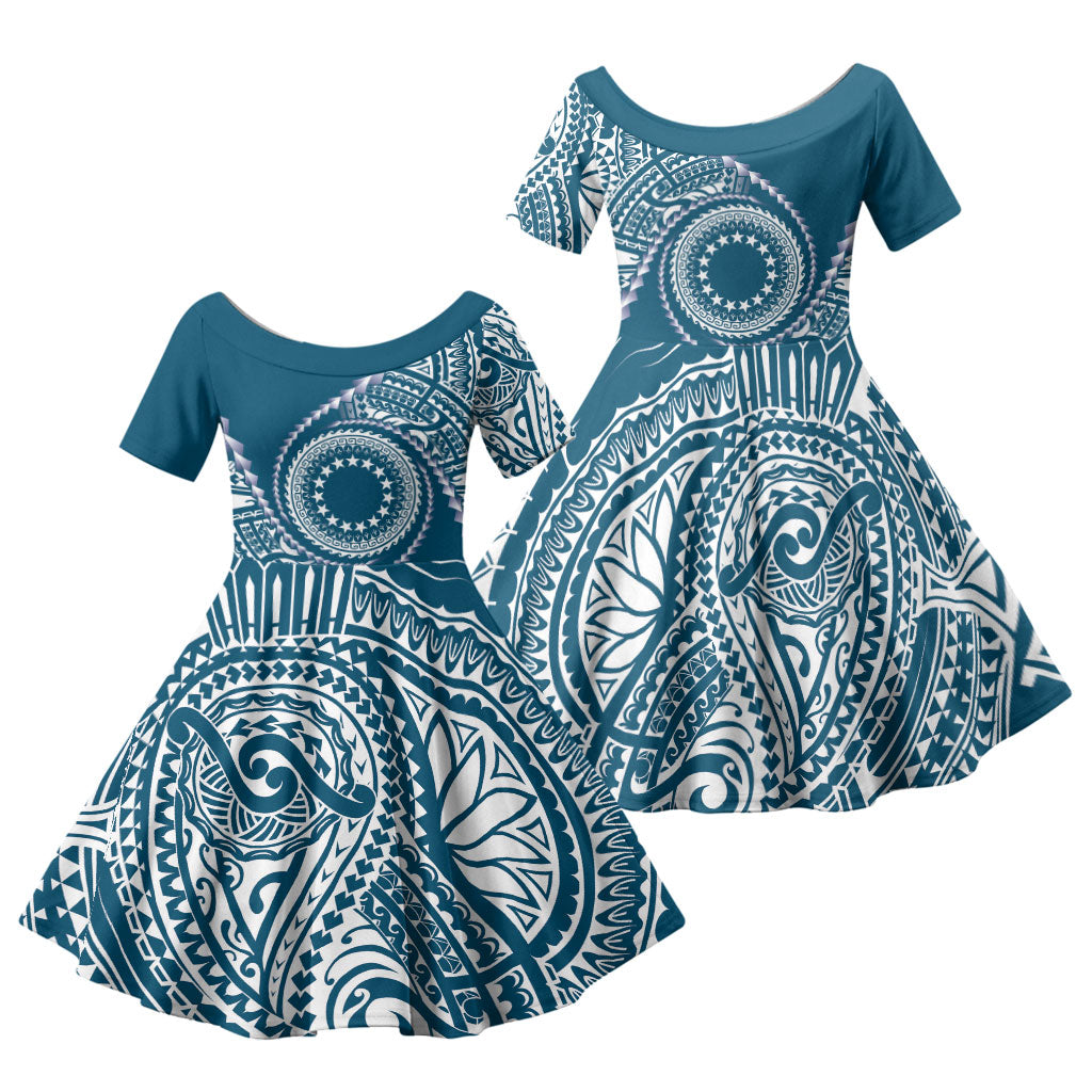 Cook Islands Gospel Day Family Matching Off Shoulder Short Dress and Hawaiian Shirt Blue Tribal Curves